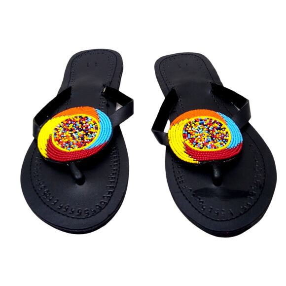 Masaai Leather African Beaded Black Sandals Size 7 - Picture 1 of 8